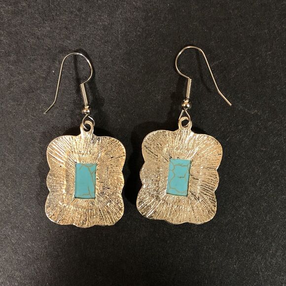 Silver Tone and Faux Turquoise Earrings Rectangle Cabachon Pierced Hook Jewelry - Picture 2 of 7